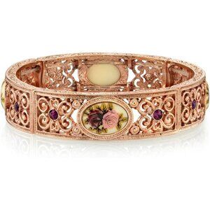 1928 Rose Gold Flower Bracelet Vintage Victorian Rose Purple Crystal Stretch USA